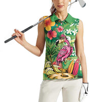 Hawaiian Flamingo Hibiscus Personalised Women Sleeveless Polo Shirt Green Summer Tropical Flowers - Polynesian Pride