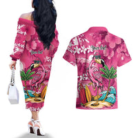 Hawaiian Flamingo Hibiscus Personalised Couples Matching Off The Shoulder Long Sleeve Dress and Hawaiian Shirt Pink Summer Tropical Flowers - Polynesian Pride