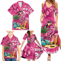 Hawaiian Flamingo Hibiscus Personalised Family Matching Summer Maxi Dress and Hawaiian Shirt Pink Summer Tropical Flowers - Polynesian Pride