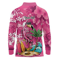 Hawaiian Flamingo Hibiscus Personalised Long Sleeve Polo Shirt Pink Summer Tropical Flowers - Polynesian Pride