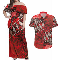 Vintage Ngatu Tribal Tonga Pattern Couples Matching Off Shoulder Maxi Dress and Hawaiian Shirt - Polynesian Pride