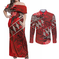 Vintage Ngatu Tribal Tonga Pattern Couples Matching Off Shoulder Maxi Dress and Long Sleeve Button Shirt - Polynesian Pride