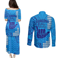 Strong Maui Couples Matching Puletasi Dress and Long Sleeve Button Shirts Good Living Hawaii with Shaka Sign Kakau Tribal Blue LT9 - Polynesian Pride