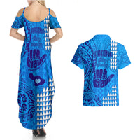 Strong Maui Couples Matching Summer Maxi Dress and Hawaiian Shirt Good Living Hawaii with Shaka Sign Kakau Tribal Blue LT9 - Polynesian Pride