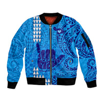 Strong Maui Sleeve Zip Bomber Jacket Good Living Hawaii with Shaka Sign Kakau Tribal Blue LT9 Unisex Blue - Polynesian Pride