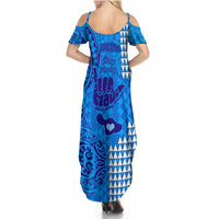 Strong Maui Summer Maxi Dress Good Living Hawaii with Shaka Sign Kakau Tribal Blue LT9 - Polynesian Pride