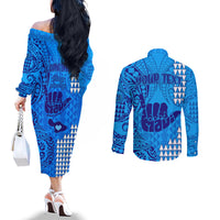 Personalised Strong Maui Couples Matching Off The Shoulder Long Sleeve Dress and Long Sleeve Button Shirts Good Living Hawaii with Shaka Sign Kakau Tribal Blue LT9 - Polynesian Pride