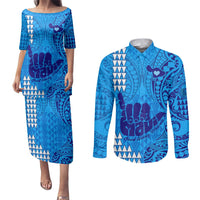 Personalised Strong Maui Couples Matching Puletasi Dress and Long Sleeve Button Shirts Good Living Hawaii with Shaka Sign Kakau Tribal Blue LT9 Blue - Polynesian Pride