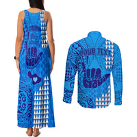 Personalised Strong Maui Couples Matching Tank Maxi Dress and Long Sleeve Button Shirts Good Living Hawaii with Shaka Sign Kakau Tribal Blue LT9 - Polynesian Pride