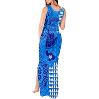 Personalised Strong Maui Tank Maxi Dress Good Living Hawaii with Shaka Sign Kakau Tribal Blue LT9 - Polynesian Pride
