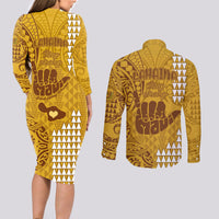 Strong Maui Couples Matching Long Sleeve Bodycon Dress and Long Sleeve Button Shirts Good Living Hawaii with Shaka Sign Kakau Tribal Gold LT9 - Polynesian Pride