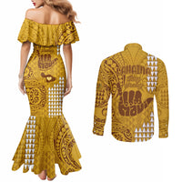 Strong Maui Couples Matching Mermaid Dress and Long Sleeve Button Shirts Good Living Hawaii with Shaka Sign Kakau Tribal Gold LT9 - Polynesian Pride