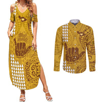 Strong Maui Couples Matching Summer Maxi Dress and Long Sleeve Button Shirts Good Living Hawaii with Shaka Sign Kakau Tribal Gold LT9 Gold - Polynesian Pride