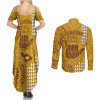 Strong Maui Couples Matching Summer Maxi Dress and Long Sleeve Button Shirts Good Living Hawaii with Shaka Sign Kakau Tribal Gold LT9 - Polynesian Pride