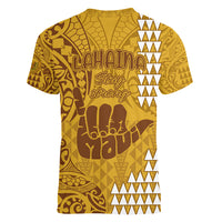 Strong Maui Women V Neck T Shirt Good Living Hawaii with Shaka Sign Kakau Tribal Gold LT9 - Polynesian Pride