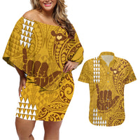 Personalised Strong Maui Couples Matching Off Shoulder Short Dress and Hawaiian Shirt Good Living Hawaii with Shaka Sign Kakau Tribal Gold LT9 Gold - Polynesian Pride