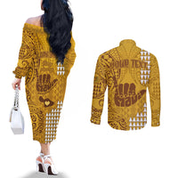 Personalised Strong Maui Couples Matching Off The Shoulder Long Sleeve Dress and Long Sleeve Button Shirts Good Living Hawaii with Shaka Sign Kakau Tribal Gold LT9 - Polynesian Pride