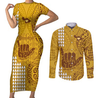 Personalised Strong Maui Couples Matching Short Sleeve Bodycon Dress and Long Sleeve Button Shirts Good Living Hawaii with Shaka Sign Kakau Tribal Gold LT9 Gold - Polynesian Pride