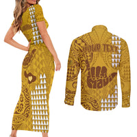 Personalised Strong Maui Couples Matching Short Sleeve Bodycon Dress and Long Sleeve Button Shirts Good Living Hawaii with Shaka Sign Kakau Tribal Gold LT9 - Polynesian Pride