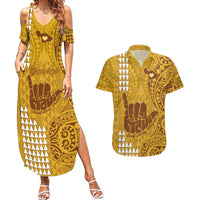 Personalised Strong Maui Couples Matching Summer Maxi Dress and Hawaiian Shirt Good Living Hawaii with Shaka Sign Kakau Tribal Gold LT9 Gold - Polynesian Pride