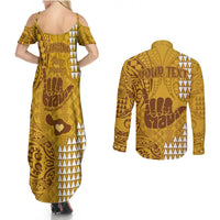 Personalised Strong Maui Couples Matching Summer Maxi Dress and Long Sleeve Button Shirts Good Living Hawaii with Shaka Sign Kakau Tribal Gold LT9 - Polynesian Pride