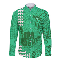 Strong Maui Long Sleeve Button Shirt Good Living Hawaii with Shaka Sign Kakau Tribal Green LT9 Unisex Green - Polynesian Pride