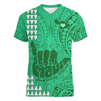 Strong Maui Women V Neck T Shirt Good Living Hawaii with Shaka Sign Kakau Tribal Green LT9 Female Green - Polynesian Pride