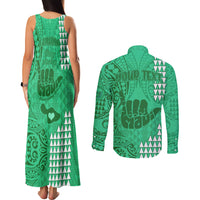 Personalised Strong Maui Couples Matching Tank Maxi Dress and Long Sleeve Button Shirts Good Living Hawaii with Shaka Sign Kakau Tribal Green LT9 - Polynesian Pride