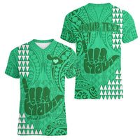 Personalised Strong Maui Women V Neck T Shirt Good Living Hawaii with Shaka Sign Kakau Tribal Green LT9 - Polynesian Pride