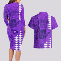 Strong Maui Couples Matching Long Sleeve Bodycon Dress and Hawaiian Shirt Good Living Hawaii with Shaka Sign Kakau Tribal Purple LT9 - Polynesian Pride
