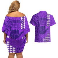 Strong Maui Couples Matching Off Shoulder Short Dress and Hawaiian Shirt Good Living Hawaii with Shaka Sign Kakau Tribal Purple LT9 - Polynesian Pride