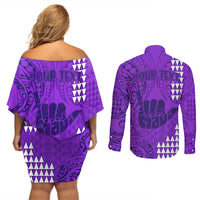 Personalised Strong Maui Couples Matching Off Shoulder Short Dress and Long Sleeve Button Shirts Good Living Hawaii with Shaka Sign Kakau Tribal Purple LT9 - Polynesian Pride