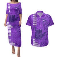 Personalised Strong Maui Couples Matching Puletasi Dress and Hawaiian Shirt Good Living Hawaii with Shaka Sign Kakau Tribal Purple LT9 Purple - Polynesian Pride