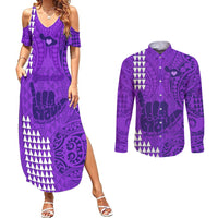 Personalised Strong Maui Couples Matching Summer Maxi Dress and Long Sleeve Button Shirts Good Living Hawaii with Shaka Sign Kakau Tribal Purple LT9 Purple - Polynesian Pride
