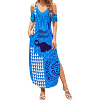 Maui Island Summer Maxi Dress Kakau Tribal Mixed Polynesian Pattern Blue LT9 Women Blue - Polynesian Pride