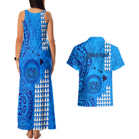 Personalised Maui Island Couples Matching Tank Maxi Dress and Hawaiian Shirt Kakau Tribal Mixed Polynesian Pattern Blue LT9 - Polynesian Pride