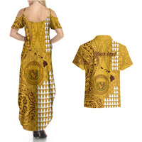 Personalised Maui Island Couples Matching Summer Maxi Dress and Hawaiian Shirt Kakau Tribal Mixed Polynesian Pattern Gold LT9 - Polynesian Pride