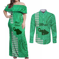 Maui Island Couples Matching Off Shoulder Maxi Dress and Long Sleeve Button Shirts Kakau Tribal Mixed Polynesian Pattern Green LT9 Green - Polynesian Pride