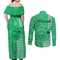 Maui Island Couples Matching Off Shoulder Maxi Dress and Long Sleeve Button Shirts Kakau Tribal Mixed Polynesian Pattern Green LT9 - Polynesian Pride