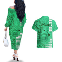 Maui Island Couples Matching Off The Shoulder Long Sleeve Dress and Hawaiian Shirt Kakau Tribal Mixed Polynesian Pattern Green LT9 - Polynesian Pride