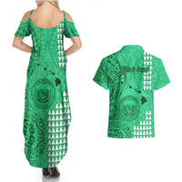 Personalised Maui Island Couples Matching Summer Maxi Dress and Hawaiian Shirt Kakau Tribal Mixed Polynesian Pattern Green LT9 - Polynesian Pride