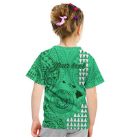 Personalised Maui Island Kid T Shirt Kakau Tribal Mixed Polynesian Pattern Green LT9 - Polynesian Pride