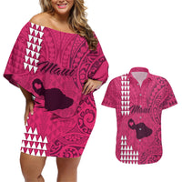 Personalised Maui Island Couples Matching Off Shoulder Short Dress and Hawaiian Shirt Kakau Tribal Mixed Polynesian Pattern Pink LT9 Pink - Polynesian Pride