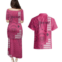 Personalised Maui Island Couples Matching Puletasi Dress and Hawaiian Shirt Kakau Tribal Mixed Polynesian Pattern Pink LT9 - Polynesian Pride