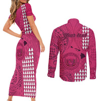 Personalised Maui Island Couples Matching Short Sleeve Bodycon Dress and Long Sleeve Button Shirts Kakau Tribal Mixed Polynesian Pattern Pink LT9 - Polynesian Pride
