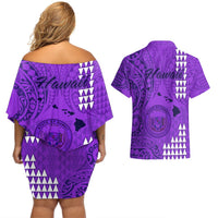 Maui Island Couples Matching Off Shoulder Short Dress and Hawaiian Shirt Kakau Tribal Mixed Polynesian Pattern Purple LT9 - Polynesian Pride