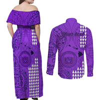 Personalised Maui Island Couples Matching Off Shoulder Maxi Dress and Long Sleeve Button Shirts Kakau Tribal Mixed Polynesian Pattern Purple LT9 - Polynesian Pride