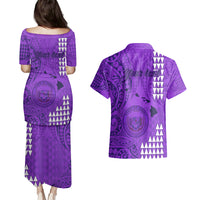 Personalised Maui Island Couples Matching Puletasi Dress and Hawaiian Shirt Kakau Tribal Mixed Polynesian Pattern Purple LT9 - Polynesian Pride