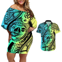 Malampa Fiji Day Couples Matching Off Shoulder Short Dress and Hawaiian Shirt Vanuatu Sand Drawing With Polynesian Pattern LT9 Black - Polynesian Pride