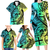 personalised-malampa-fiji-day-family-matching-long-sleeve-bodycon-dress-and-hawaiian-shirt-vanuatu-sand-drawing-with-polynesian-pattern